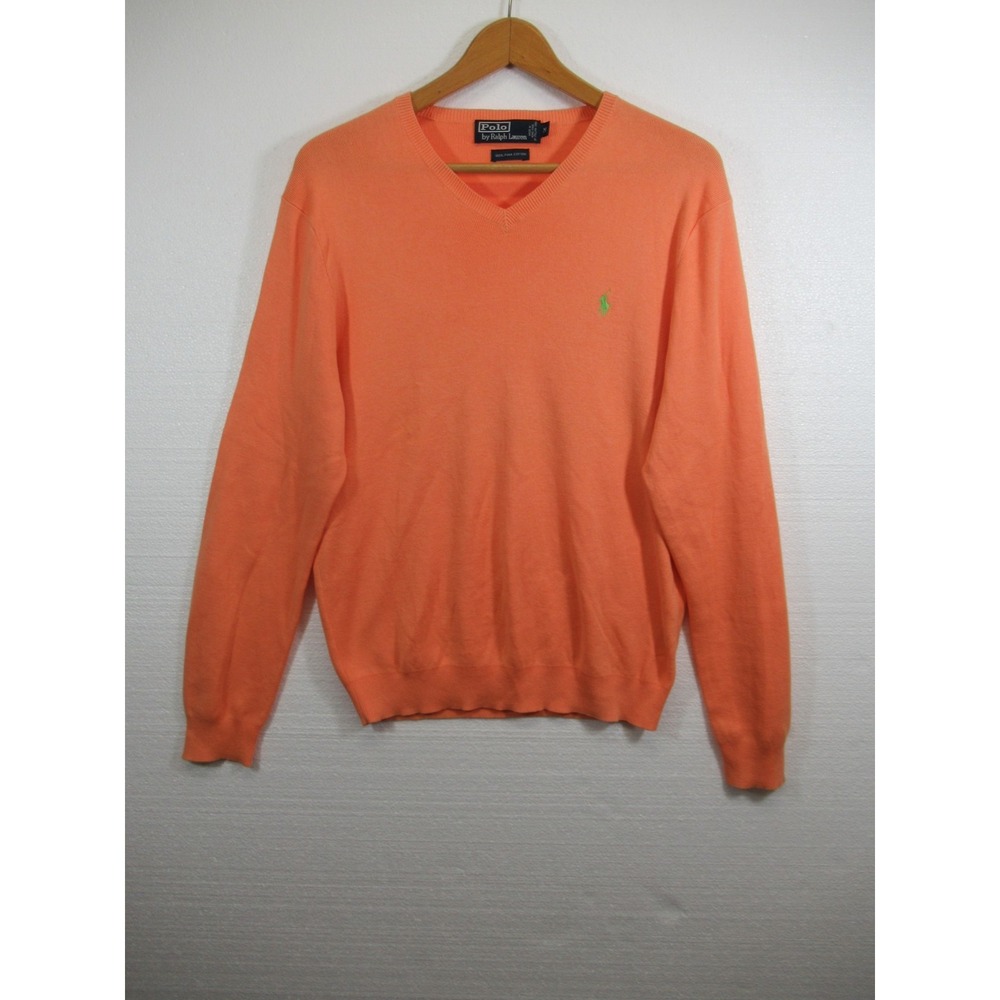 Vintage 90s Polo Ralph Lauren Pima Cotton Sweater Men Medium Orange V-neck